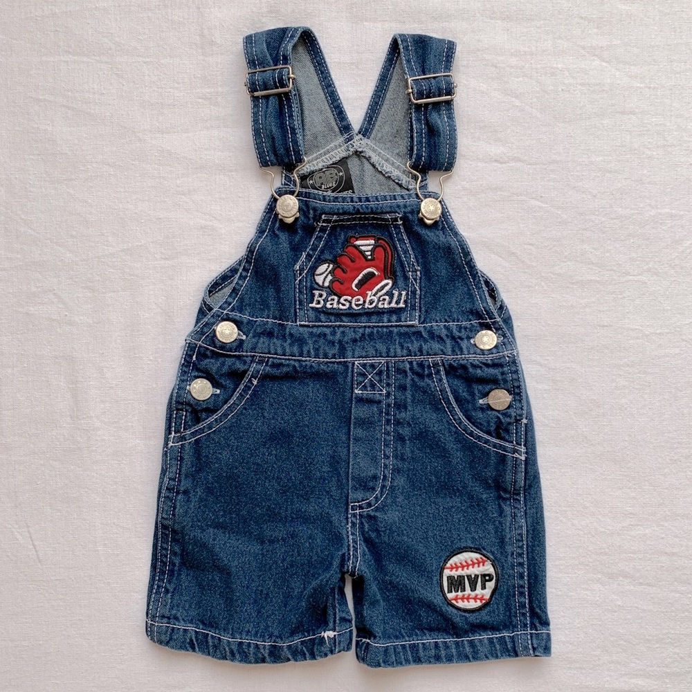 Allura Blues Baseball Embroidered Blue Jean Cotton Denim Overalls Shortalls 12M